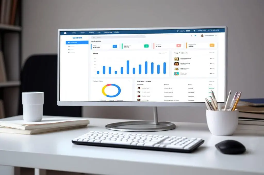 The image shows a collaborative workspace with computers, charts, and digital tools used for analyzing website performance and implementing SEO strategies.