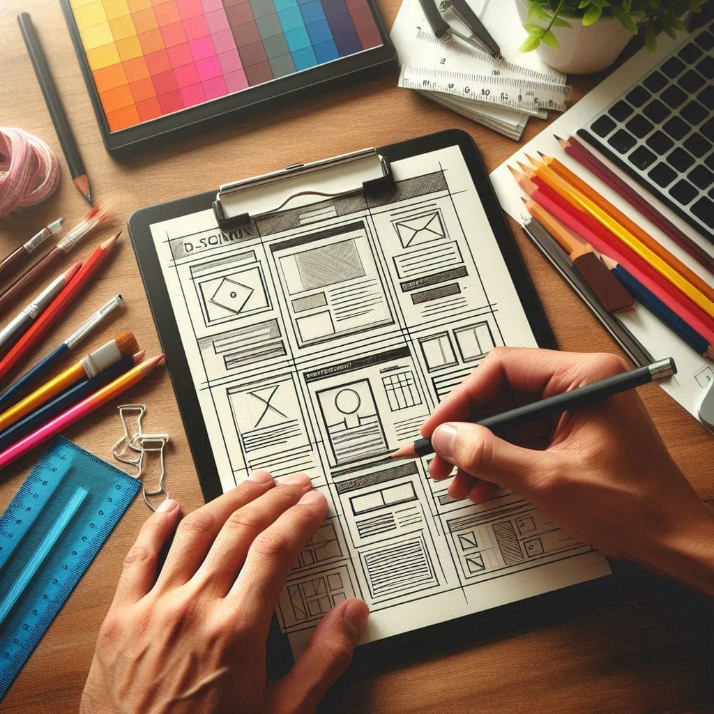 An image of a designer sketching a website layout on paper or a tablet.