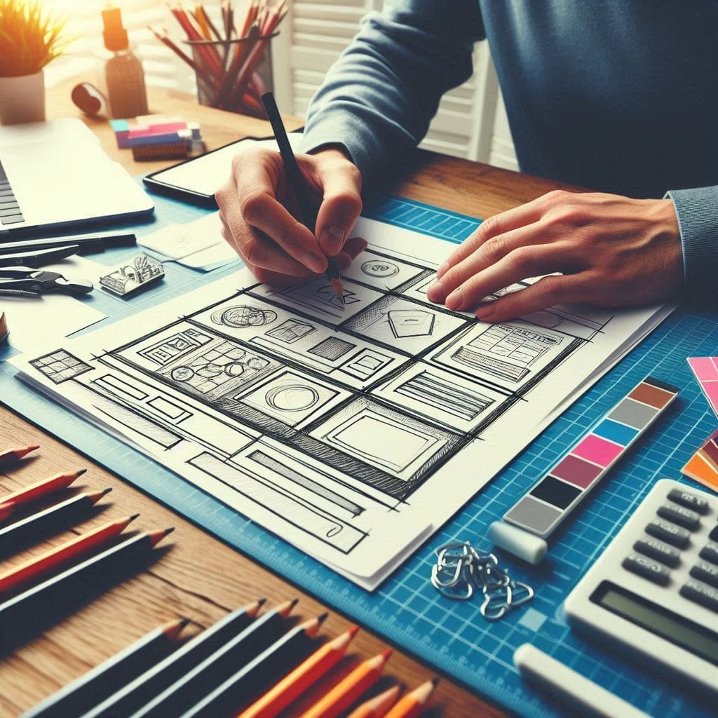 An image of a designer sketching an online store layout on paper or a tablet.