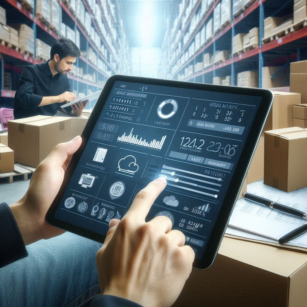 An image of inventory management software in use, showing a dashboard with stock levels, order management, and product listings.