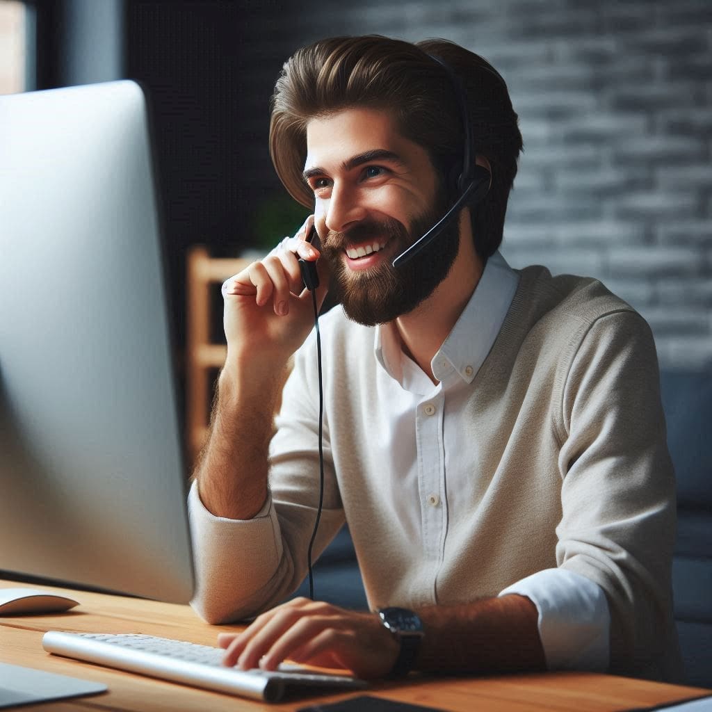 A photo of a team member providing technical support, possibly over the phone or via a computer.