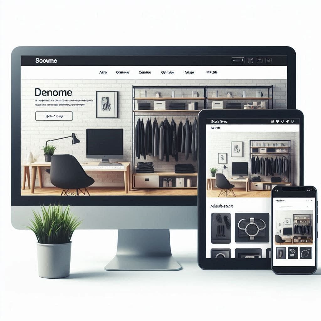 A screenshot or mockup of an e-commerce website displayed on multiple devices, such as a desktop computer, tablet, and smartphone.